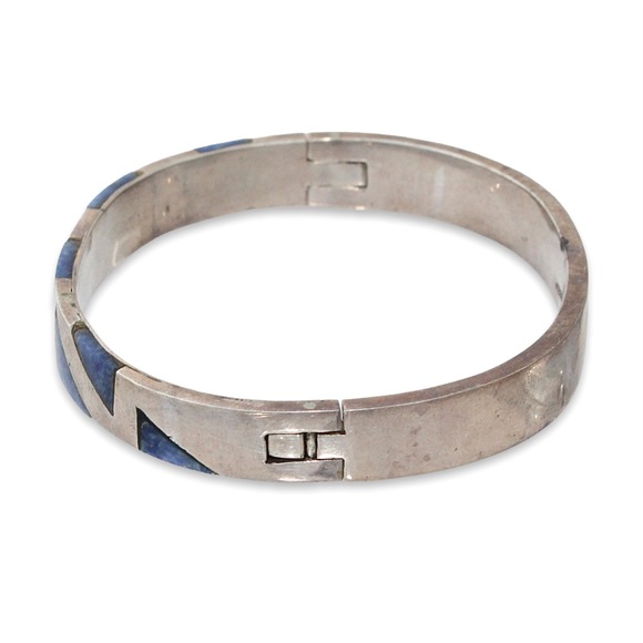 Vintage Taxco Sodalite Sterling Silver Bracelet Geometric Inlay Hinged Cuff - Picture 2 of 5